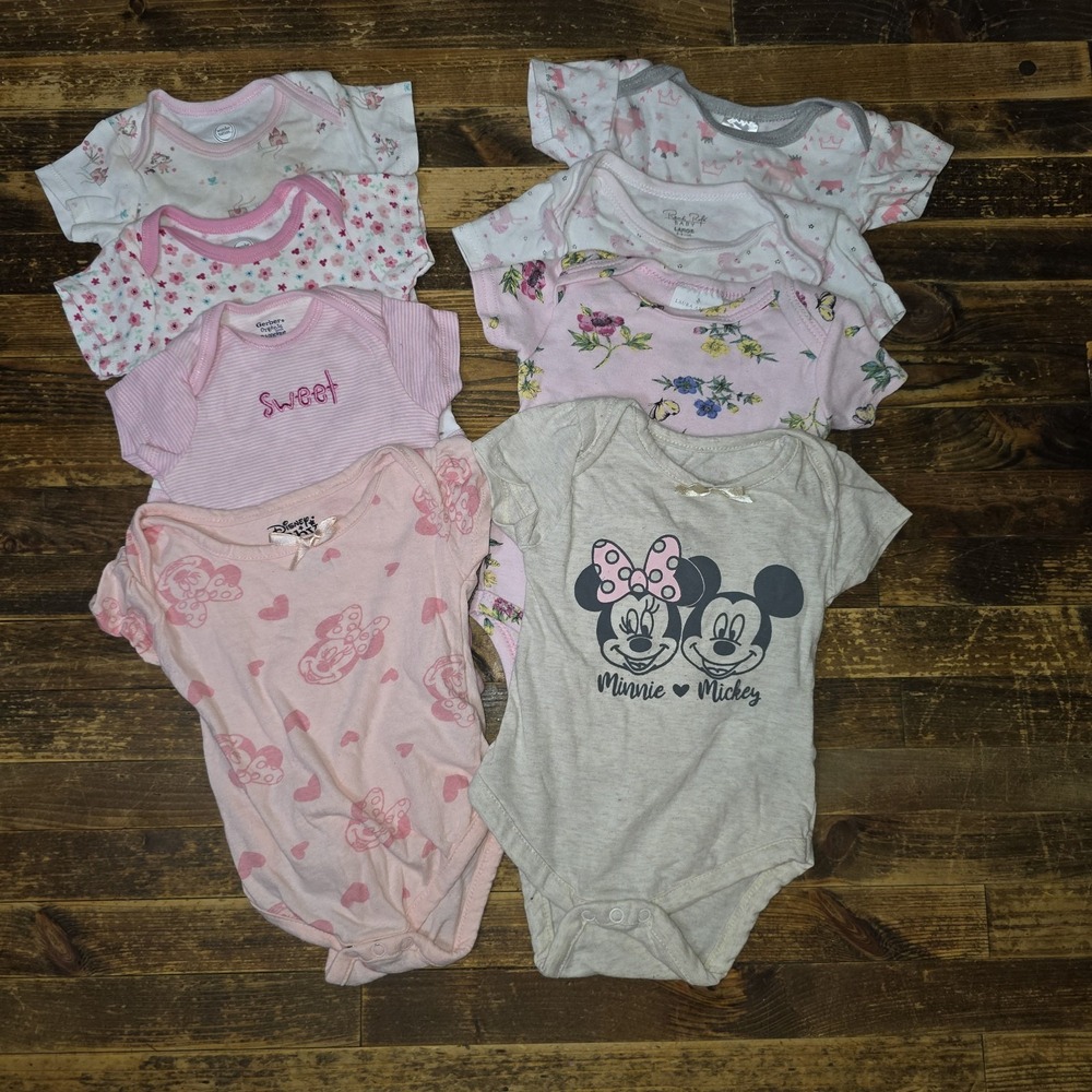 Baby Girl 6-9 Mo Bodysuit 9 pc Lot Pajamas Tops Pastels One Piece Bundle